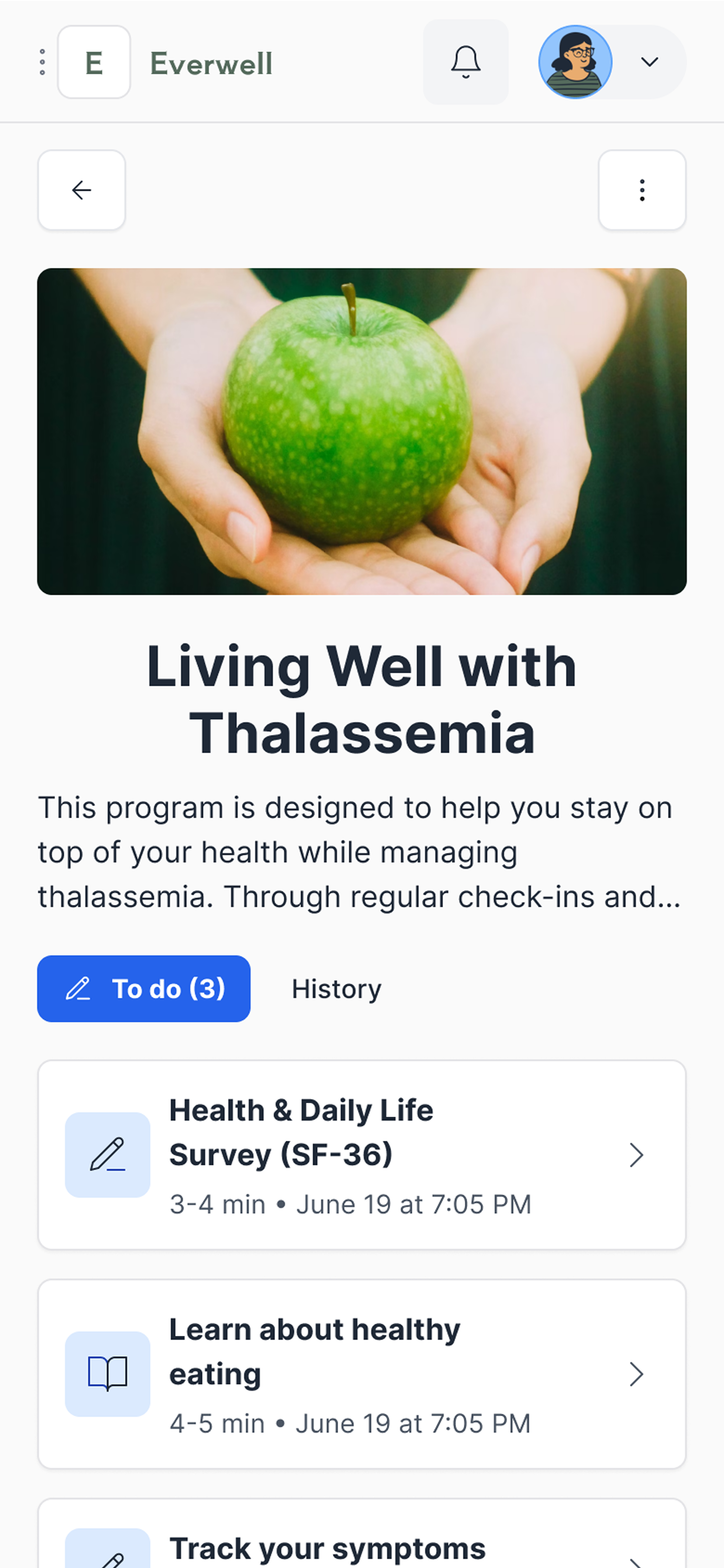 Everwell mobile app screen showing a patient program titled 'Living Well with Thalassemia' with a list of upcoming health surveys and educational activities.