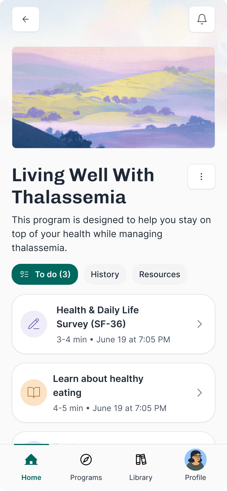 Mobile patient app screen with progress tracker and short questionnaire flow