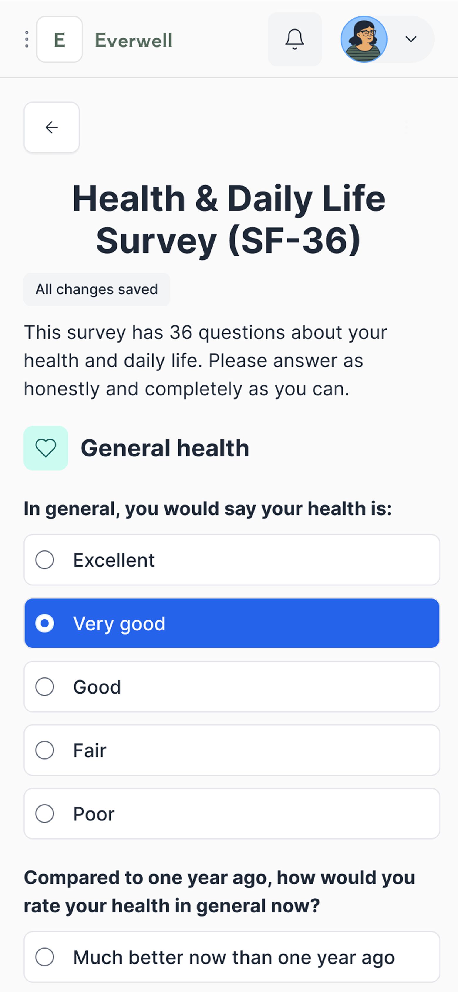 Everwell mobile app screen showing a health survey form titled 'Health and Daily Life Survey (SF-36)' where the user rates their general health using multiple-choice options.