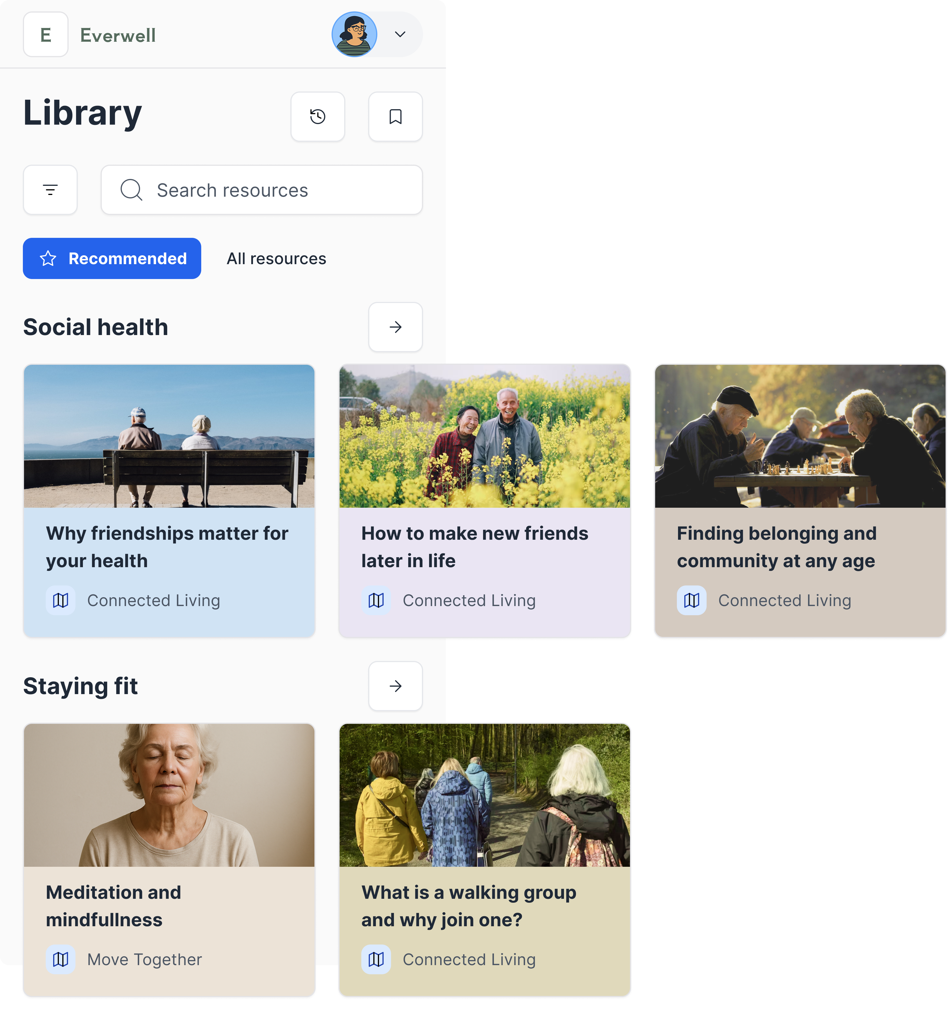 Everwell resource library screen showing articles and activities for seniors on topics like friendship, mindfulness, and fitness, grouped under categories such as social health and staying fit.