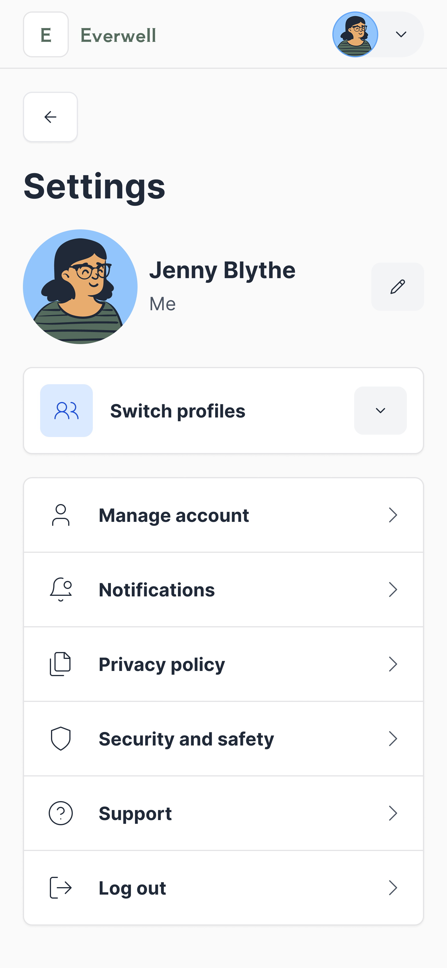 Everwell app settings screen showing user profile details and options like managing account, notifications, privacy, and support.