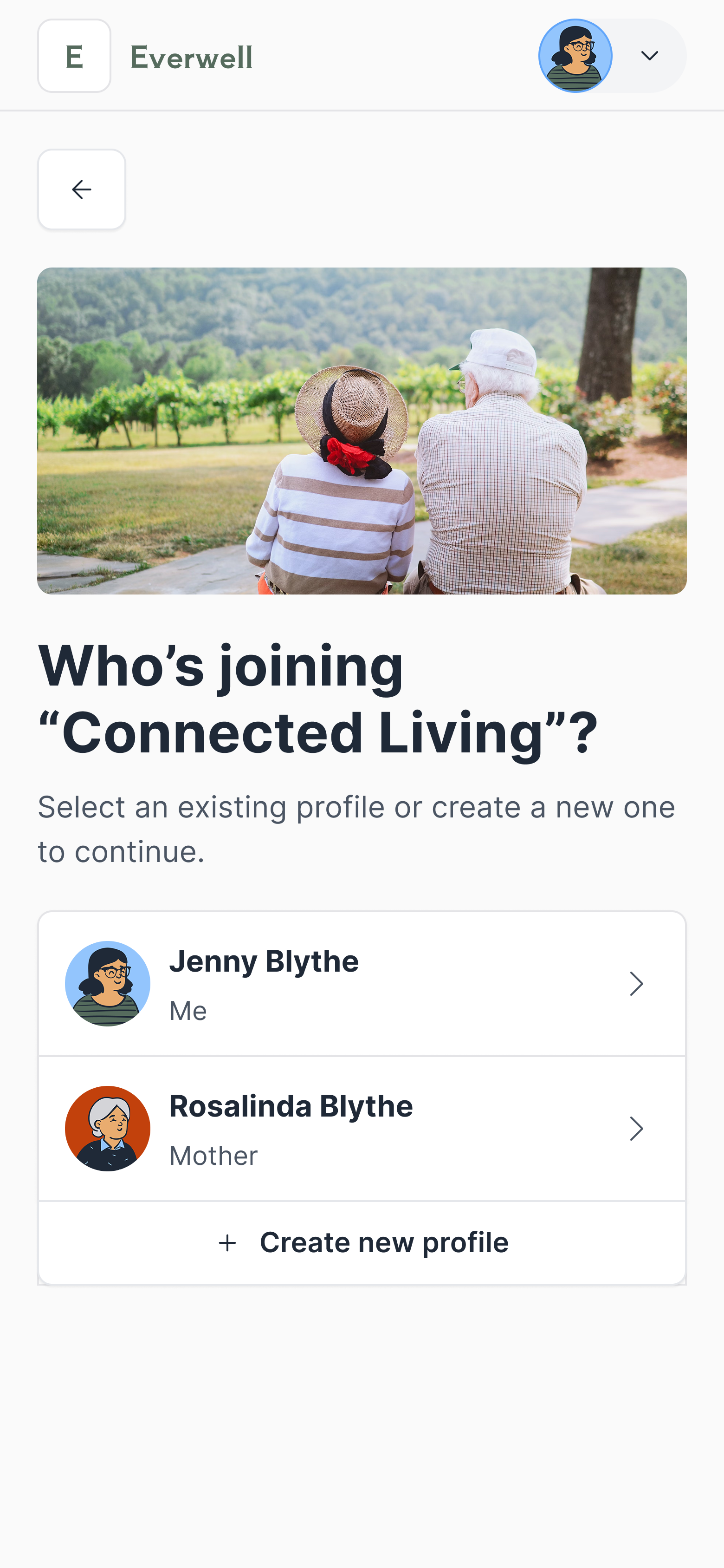 Everwell app screen showing profile selection for Connected Living, where a user can choose an existing profile or create a new one to continue.