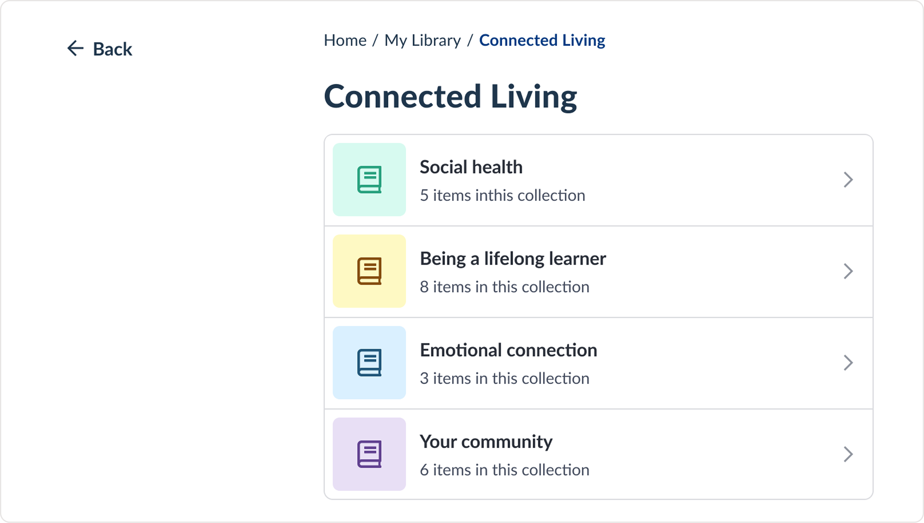App screenshot: Connected Living library for older adults