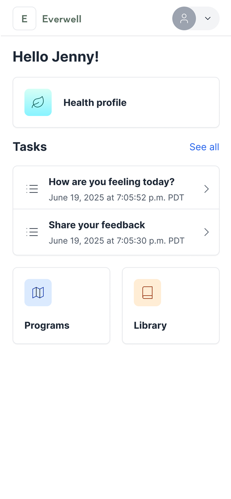 App screenshot: homepage with task list