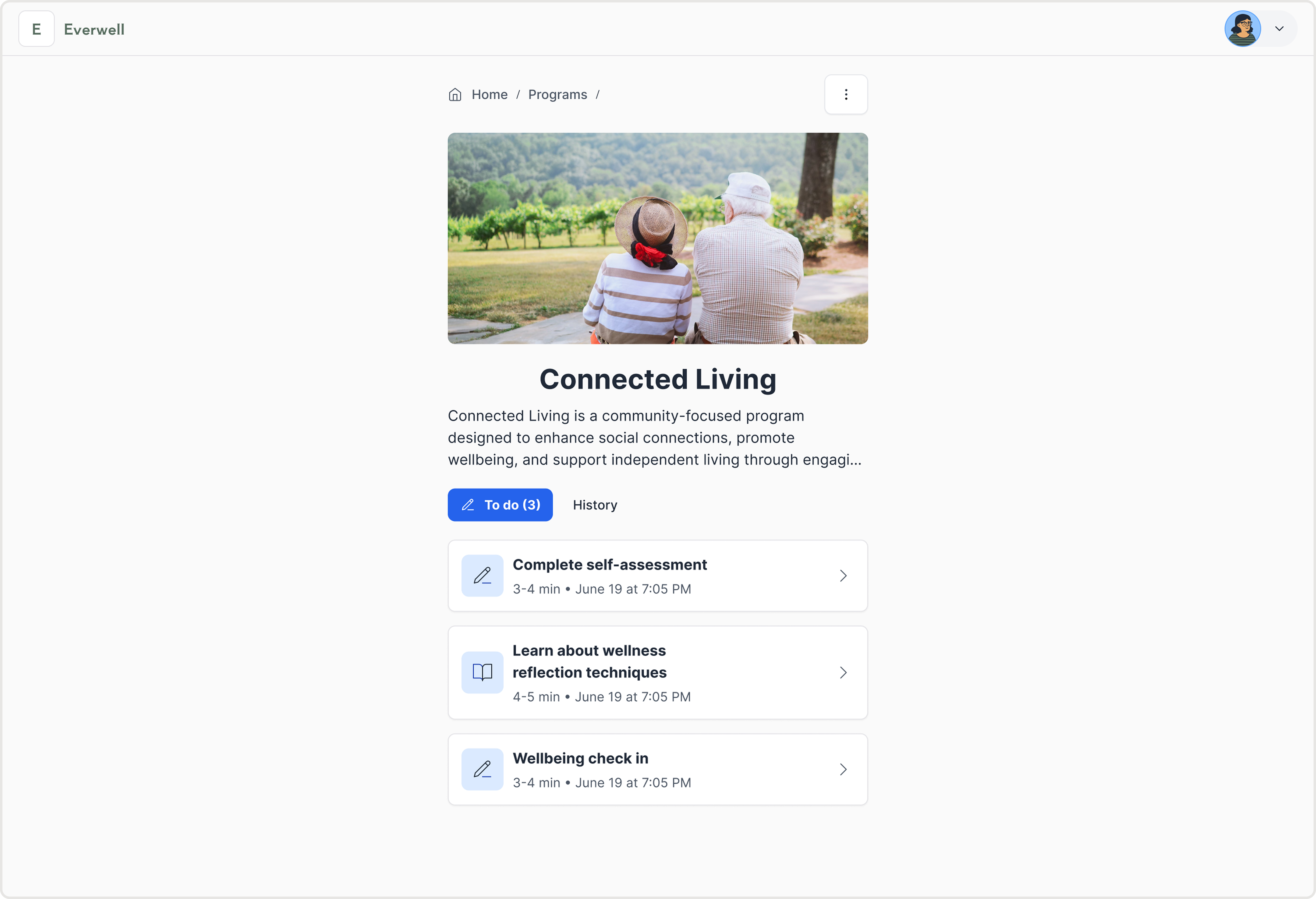 Everwell app screen showing the Connected Living program for seniors, with wellness activities and self-assessments designed to support independent living.