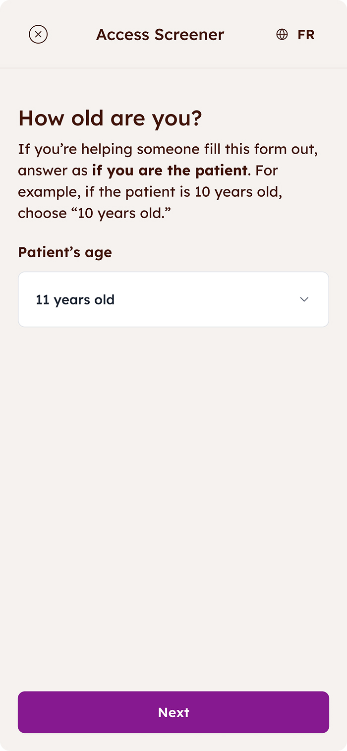 Access screener step asking for patient age with dropdown selection and next button