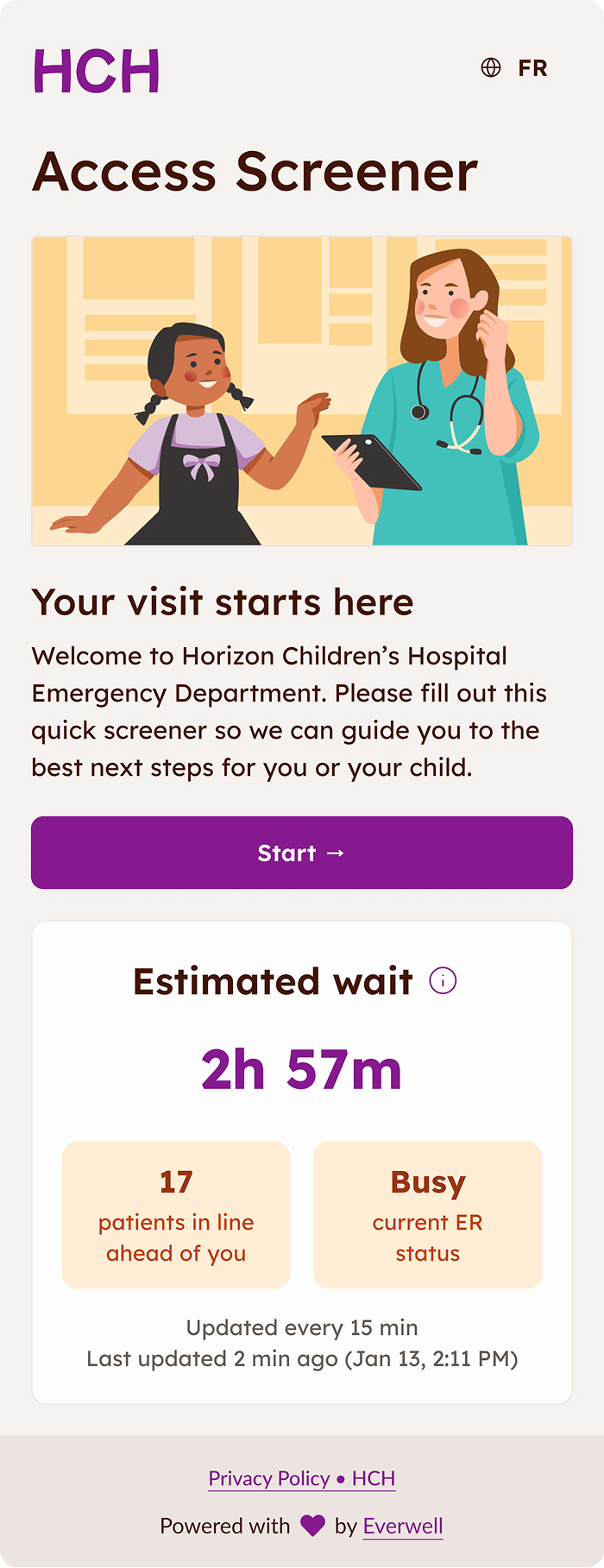 Emergency department access screener home screen with visit instructions, start button, and estimated wait time