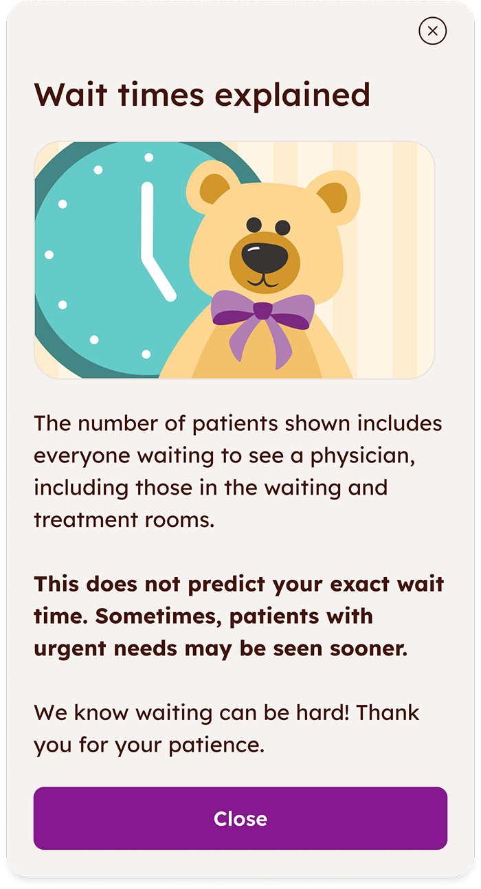 Wait time explanation screen explaining patient queue numbers and urgency, with close button