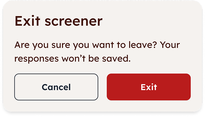 Exit confirmation modal warning that responses will not be saved, with cancel and exit buttons