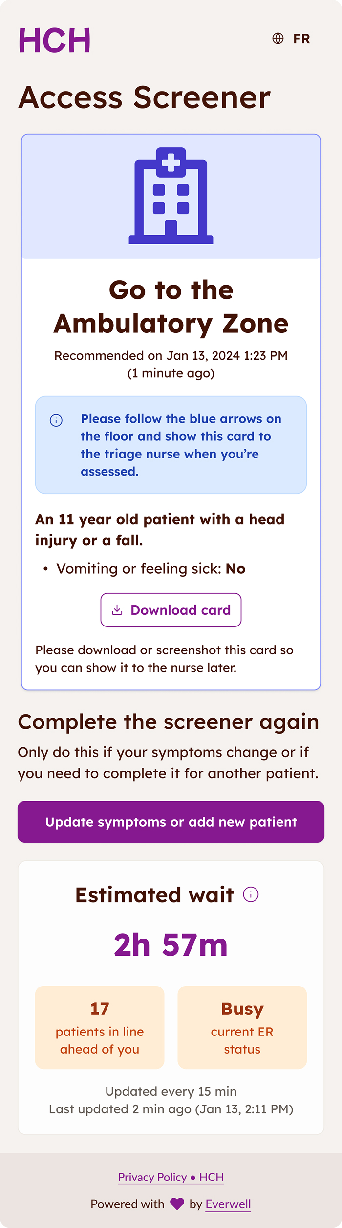 Access screener results card recommending ambulatory zone, showing patient summary and download option
