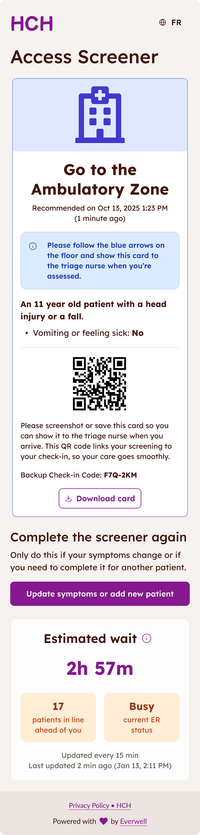 Access screener results card recommending ambulatory zone, showing patient summary and download option