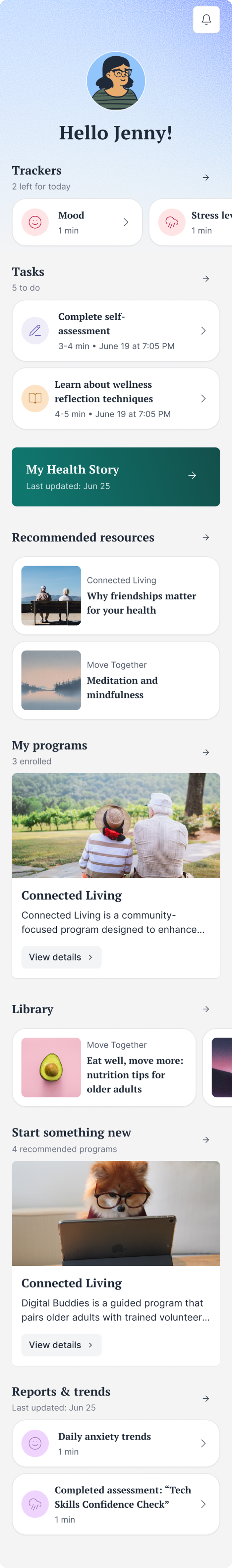 Redesigned Vivia homepage showing personalized trackers, tasks, recommended resources, programs, and reports for an older adult user
