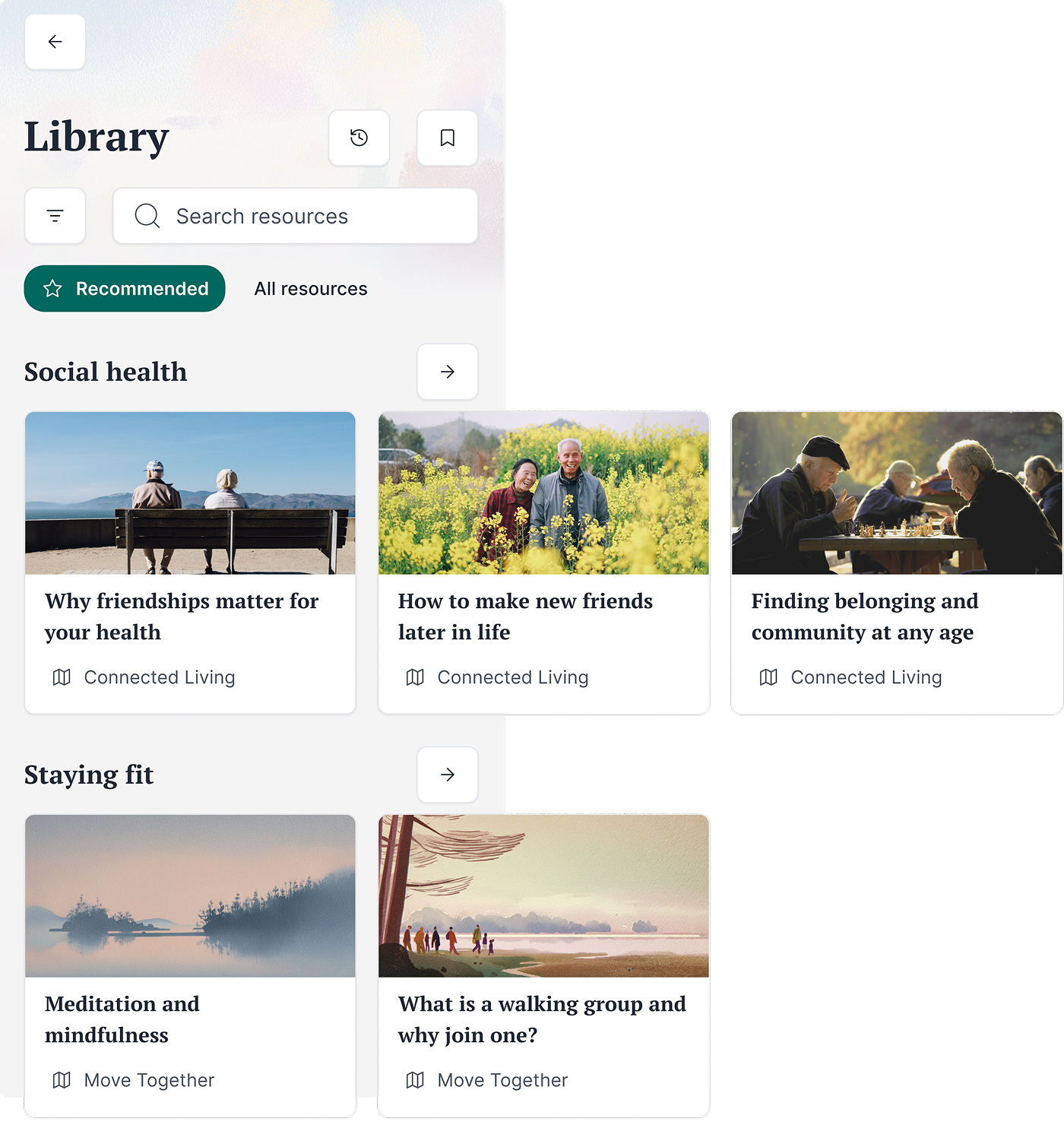 Redesigned Vivia library screen showing recommended social health and fitness resources displayed as visual cards with search and filters