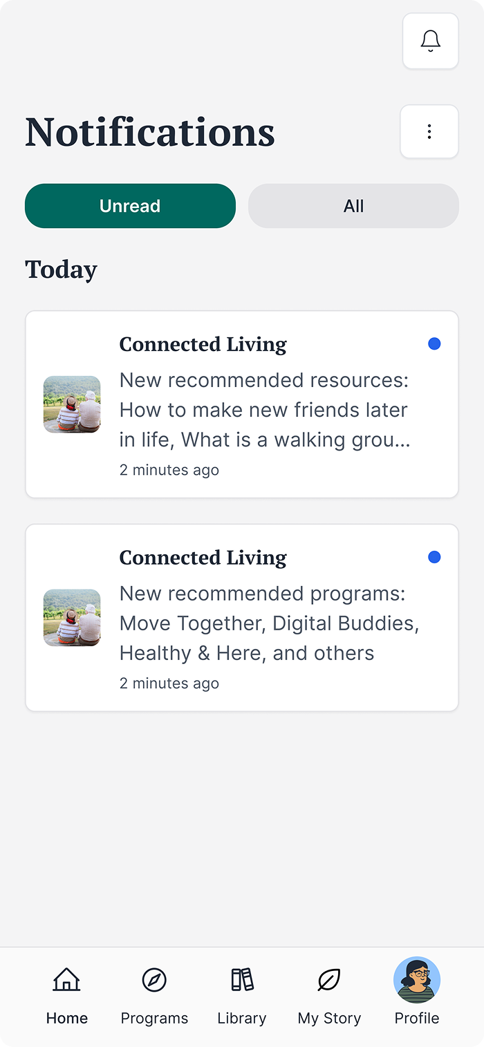 Vivia notifications screen showing unread alerts for newly recommended resources and programs