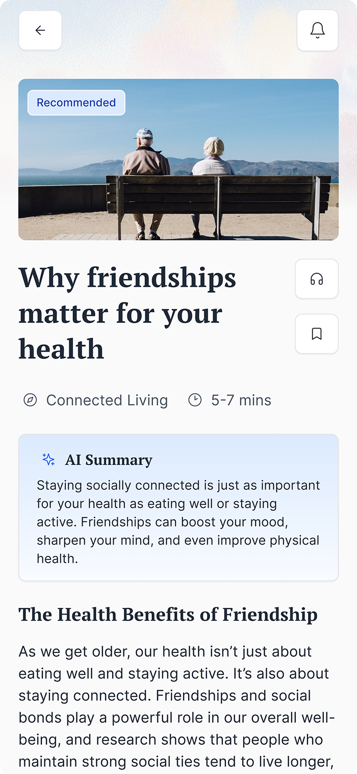 Vivia article screen showing a recommended resource titled 'Why friendships matter for your health' with AI summary and reading time