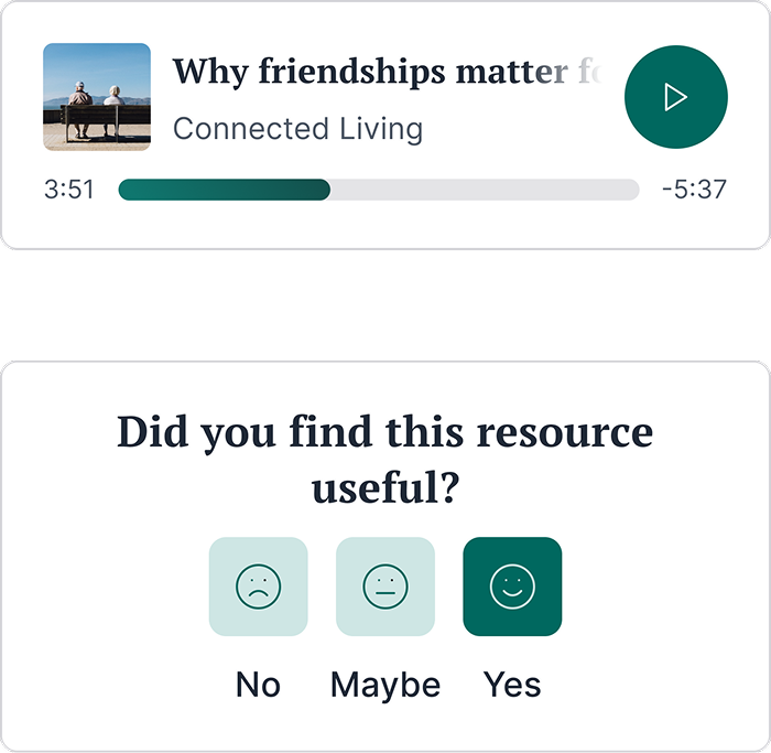 Article interaction panel showing an audio player for the resource and a prompt asking whether the content was useful with Yes, Maybe, and No options