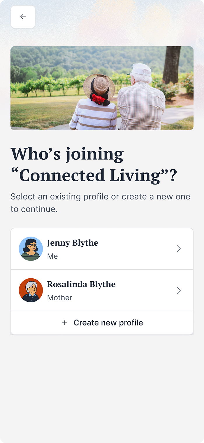 Profile selection screen asking who is joining the Connected Living program with options to choose or create a profile