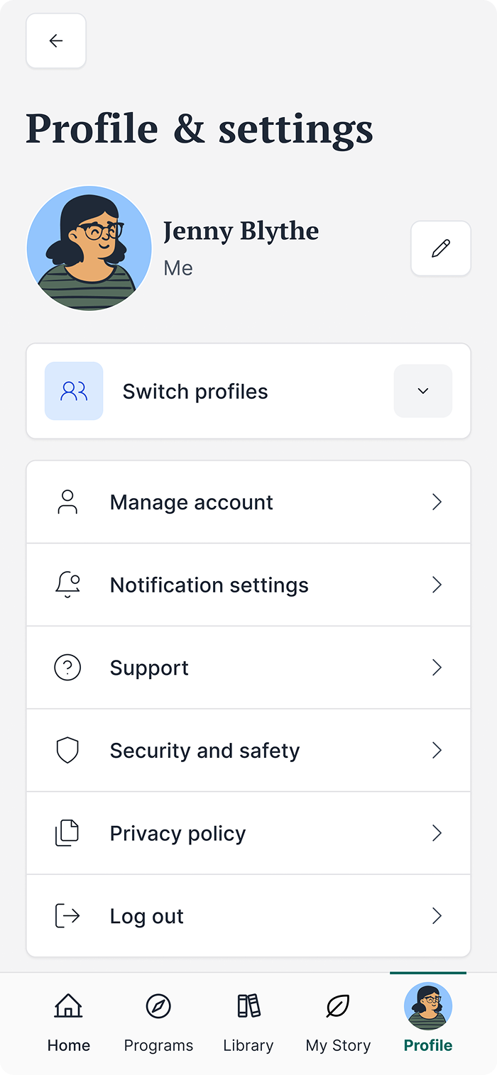 Profile and settings screen for the user with options to switch profiles, manage account, notifications, privacy, and log out