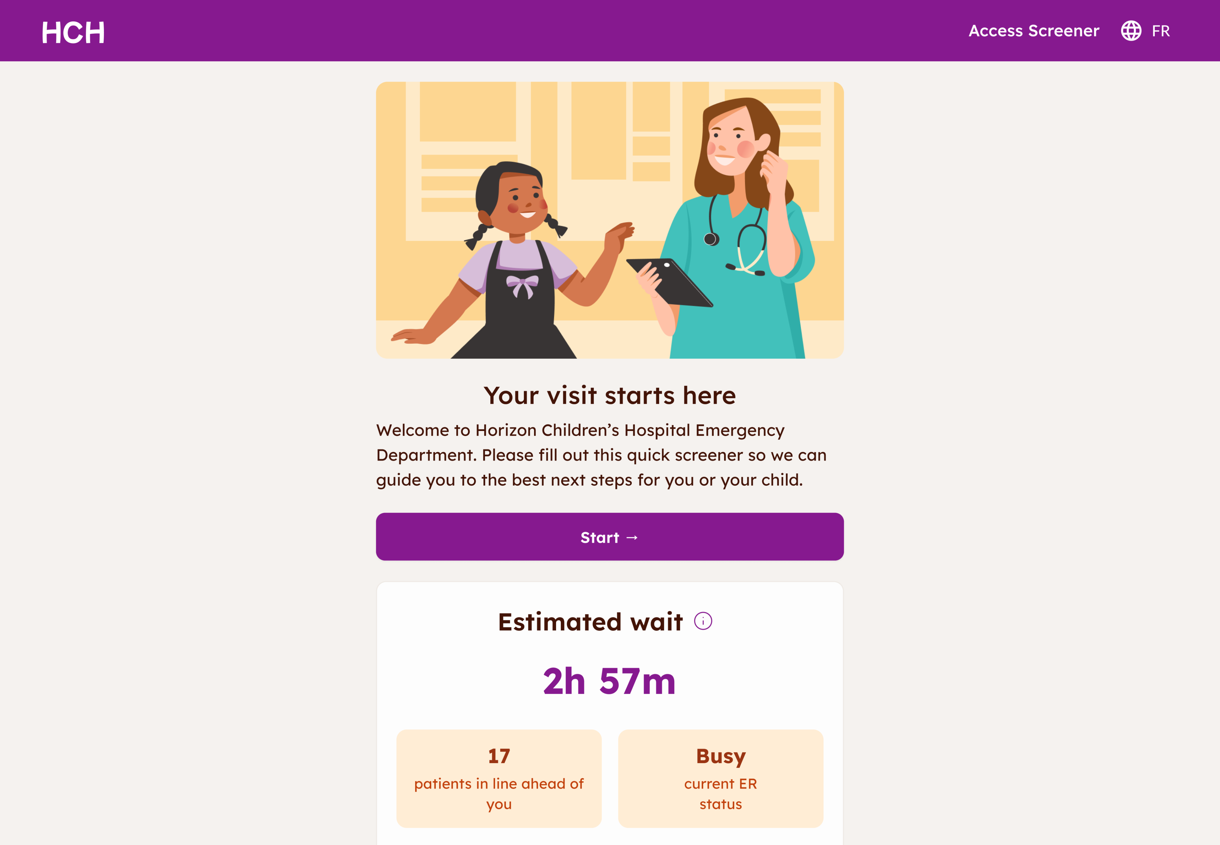Emergency department intake screen showing a nurse and child graphic, visit instructions, start button, and estimated wait time