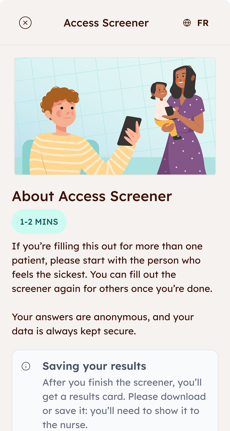 Horizon Children’s Hospital Access Screener showing the About page with parents entering information for their child