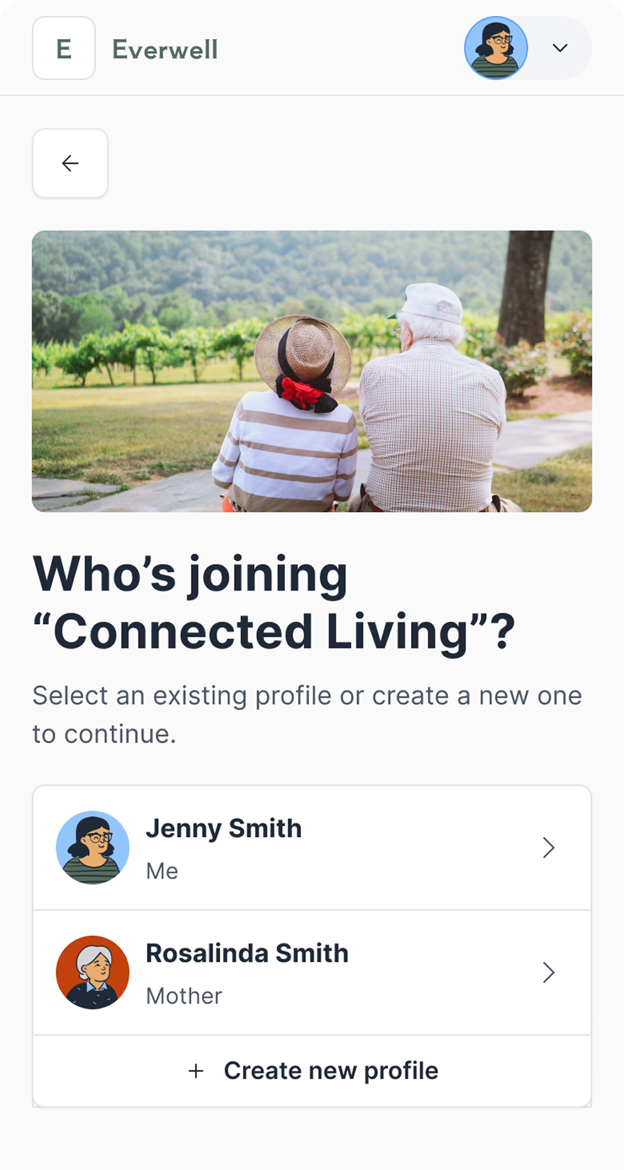 Everwell Connected Living app showing profile selection for family members