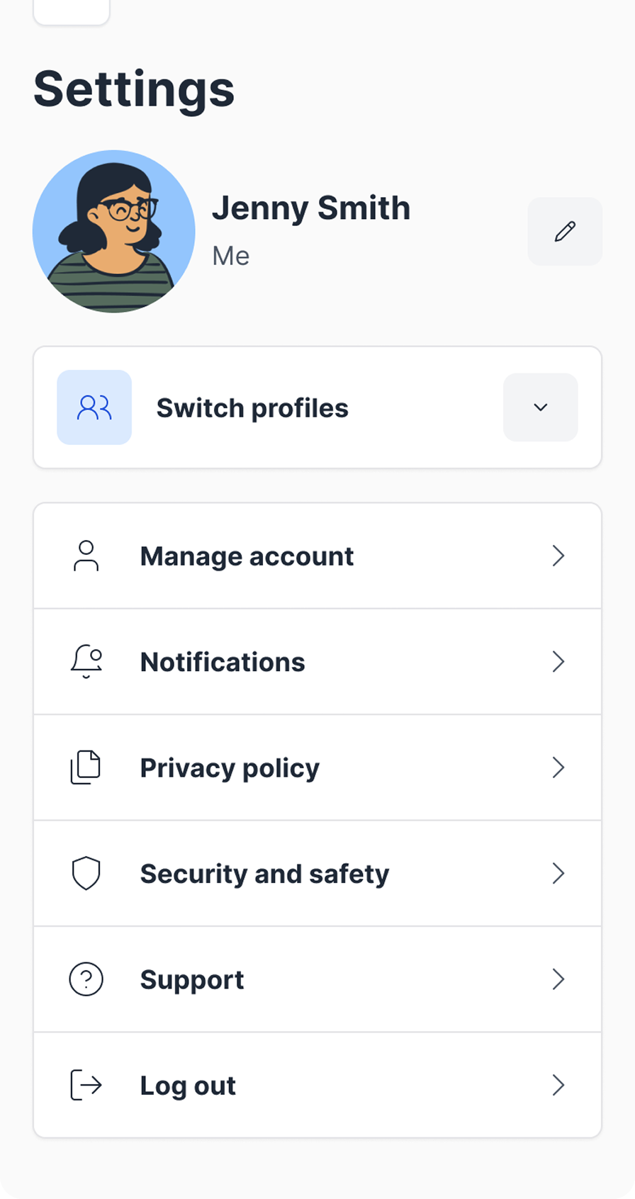 Everwell Connected Living app Settings screen with user profile and account options