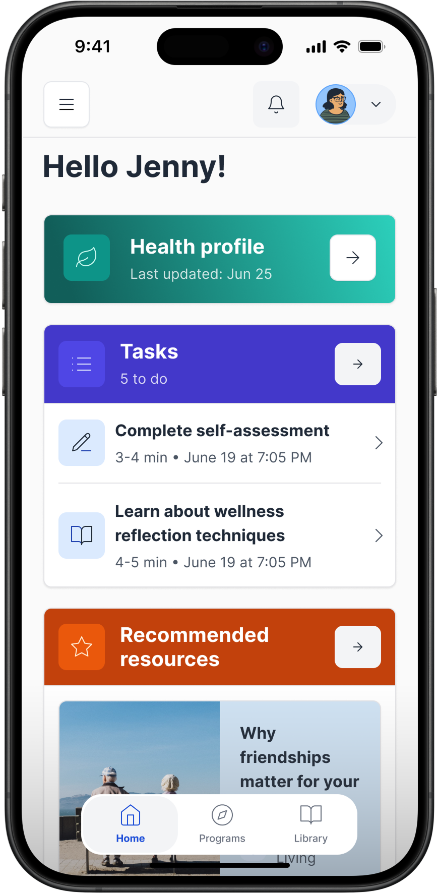 Everwell iOS app home screen showing personalized health tasks, resources, and navigation tabs for Home, Programs, and Library.