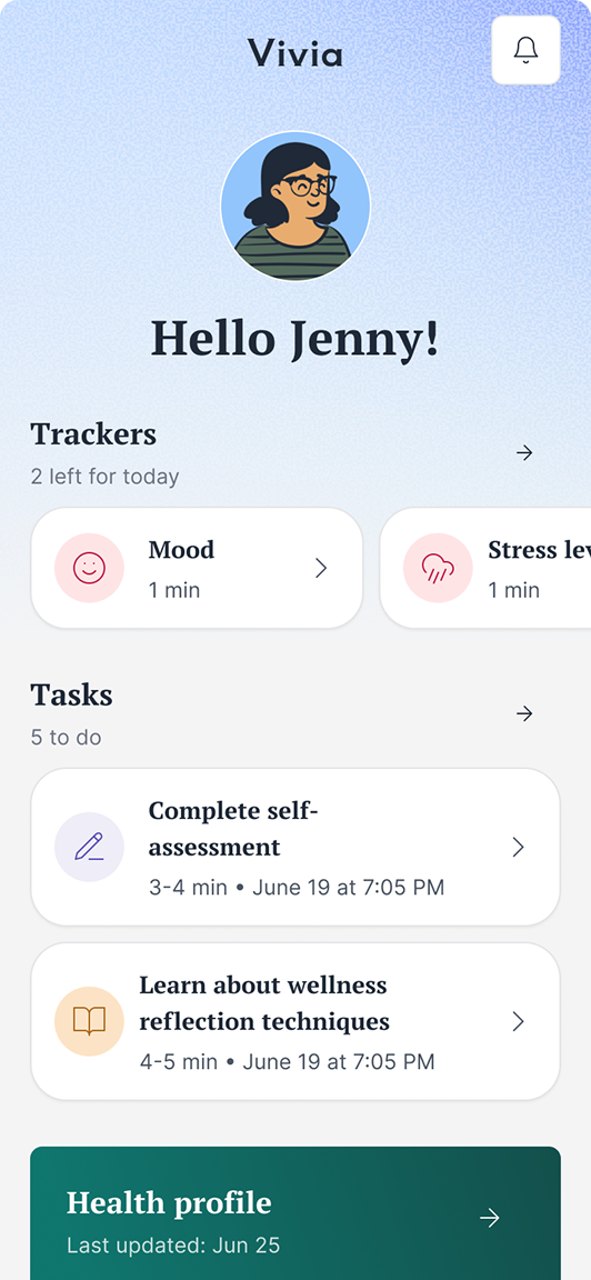 Vivia home screen greeting the user and showing trackers, tasks, and health profile shortcuts
