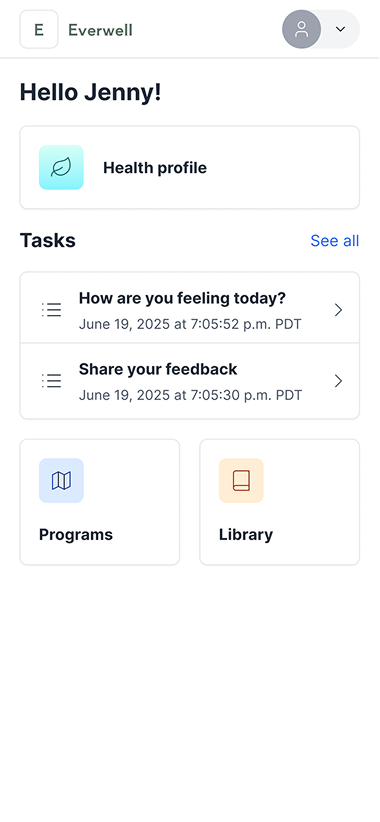 Old Vivia homepage showing a simple dashboard with tasks, programs, and library cards but limited personalization and recommendations