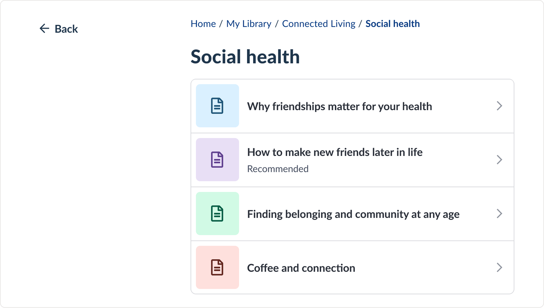 Vivia social health category screen showing a flat list of recommended articles with minimal visual hierarchy